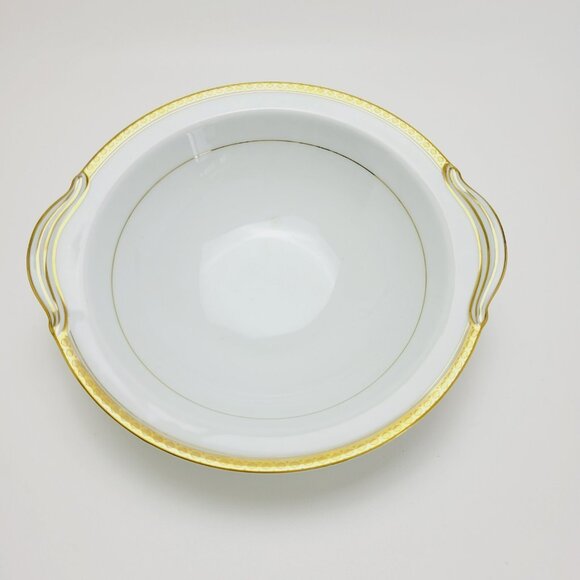 Noritake Richmond 10" Round Serving Bowl with Handle White Base Gold Etched Band - Picture 2 of 11
